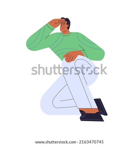 Person searching, looking for new opportunities, ideas, people. Man seeking future ways, finding direction, watching for smth. Strategy concept. Flat vector illustration isolated on white background