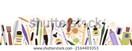 Calligraphy tools, supplies border. Ad banner design with art accessories for creative handwriting class promotion. Hand writing stationery background. Flat vector illustration isolated on white