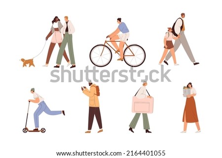 People citizens going, riding bicycles, walking with dog on street. Different men, women, child outdoors. Happy males and females strolling set. Flat vector illustration isolated on white background