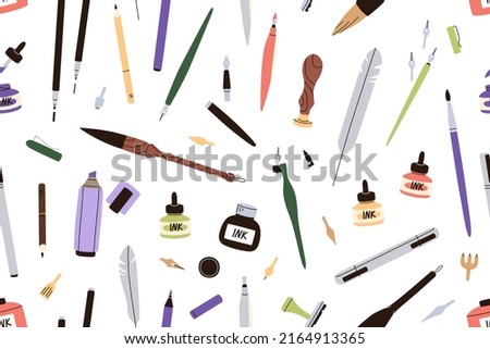 Calligraphy art supplies pattern. Seamless background with dip pens, ink, brushes, quill, lettering tools repeating print. Endless texture for wrapping. Colored flat graphic vector illustration
