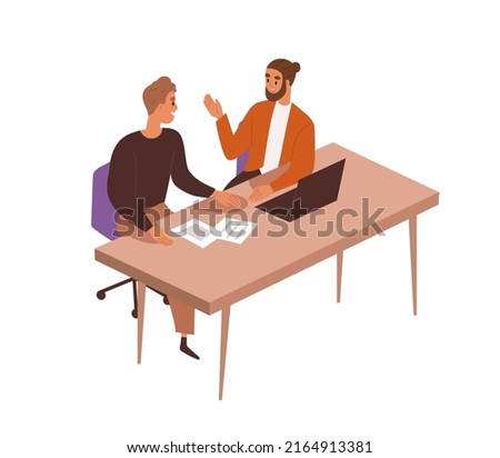 People talking at workplace. Office workers colleagues communication. Employees working under business project together, sitting at table. Flat vector illustration isolated on white background