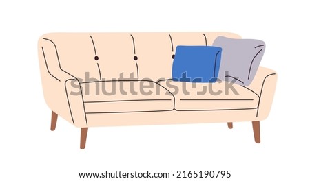 Mid-century retro couch design. Trendy sofa with cushions for living room interior. Cozy soft lounge furniture on wood legs with pillows. Colored flat vector illustration isolated on white background