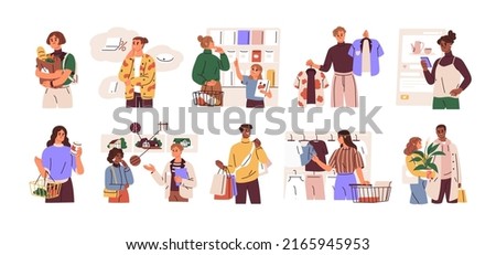 People shoppers choosing goods in retail stores set. Customers deciding what to buy. Buyers making different purchases, clothes, food. Flat graphic vector illustrations isolated on white background. Сток-фото © 