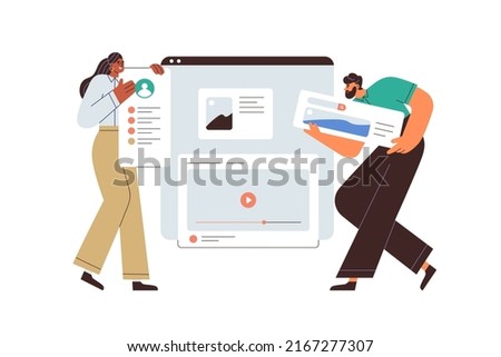 UI UX designers designing web-site, page interface, creating content layout with visual elements. Tiny people making website, landing webpage. Flat vector illustration isolated on white background