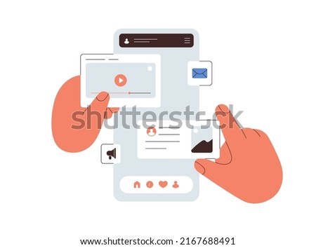 Ui UX design of mobile phone application. Hands creating abstract social media app interface, making layout, arranging content on web platform. Flat vector illustration isolated on white background