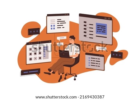 CMS management and development, web-site content administration concept. Administrator working with data base, information technology systems. Flat vector illustration isolated on white background