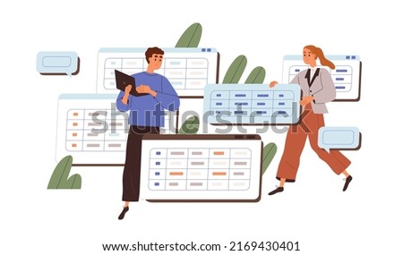 Database development, administration concept. Software engineers work with big data. Coders developing system with spreadsheets, tables. Flat graphic vector illustration isolated on white background