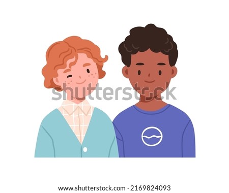 Two happy children. Kids couple, face portrait. Smiling boys friends of different race. Interracial school students, classmates together. Flat vector illustration isolated on white background