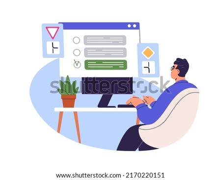 Person passing driver test, sitting at computer screen. Man student learner answering questions about road signs of exam in driving school. Flat vector illustration isolated on white background