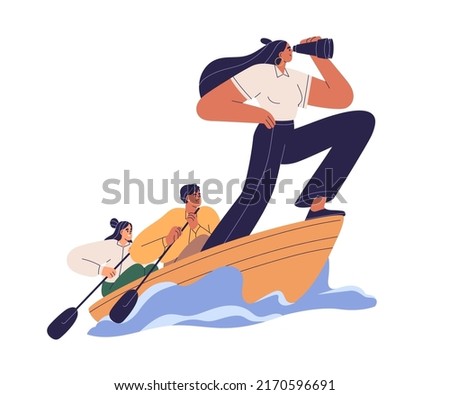 Business leader searching for new horizons, opportunities, leading boat team to goal. Leadership, strategy, vision, mission concept. Flat graphic vector illustration isolated on white background