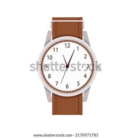Wrist watches with classic round dial and leather bracelet. Wristwatch, hand clocks design. Analog quartz handwatches, time accessory. Arm watch. Flat vector illustration isolated on white background