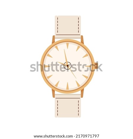 Hand wrist watches design with leather bracelet and metal gold dial. Analog wristwatch with arrows. Arm clocks, watch with strap. Time accessory. Flat vector illustration isolated on white background