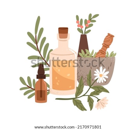 Aromatic herbs and herbal medicinal elixirs in bottles. Flowers, floral plants, leaf in mortar with pestle. Alternative natural essences. Flat graphic vector illustration isolated on white background Stockfoto © 