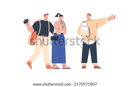 Couple of tourists going sightseeing, asking local person for help. Man and woman with personal individual guide on summer holiday, travel . Flat vector illustration isolated on white background