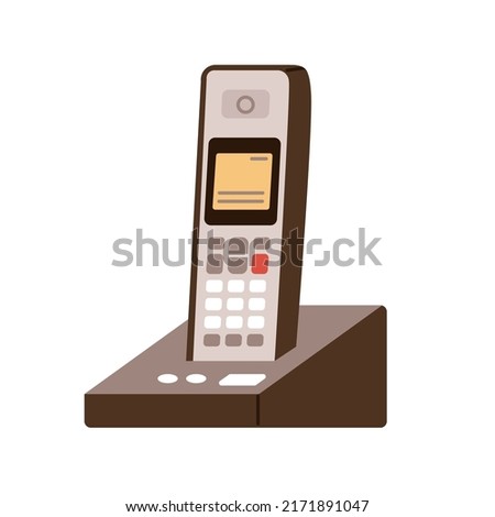 Portable cordless radio telephone with landline base station, charger. 90s phone with handset receiver with keypad. 1990s communication device. Flat vector illustration isolated on white background