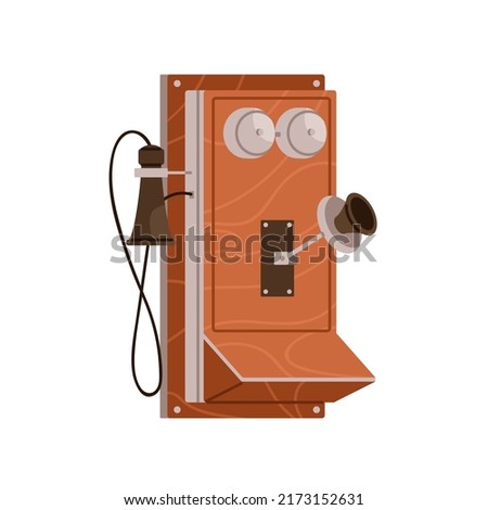 Vintage magneto wall set. Old magnetic telephone of 1907 type. Wood and metal phone design. Antique telecommunication device, tel. Flat vector illustration isolated on white background
