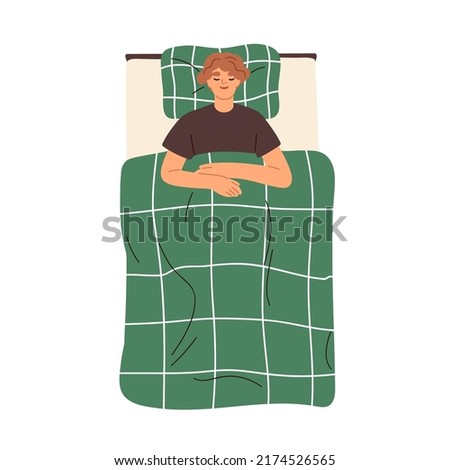 Person sleeping in bed with pillow and blanket. Man asleep alone, lying on back. Young smiling sleepy guy dreaming, relaxing, top view. Flat graphic vector illustration isolated on white background