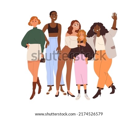 Diverse women portrait. Happy girls friends together. Woman group, community of different race, body, beauty. Sisterhood, solidarity concept. Flat vector illustration isolated on white background