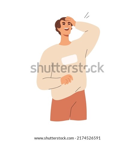 Happy man laughing out loud from funny joke, fun. Emotional laughter of person. Jolly positive face expression, haha emotions of expressive guy. Flat vector illustration isolated on white background