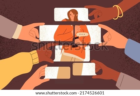 Person dependent on opinion, judge of people, negative comment in social media. Woman depending on criticism. Online influence, assault, digital bullying, psychology concept. Flat vector illustration