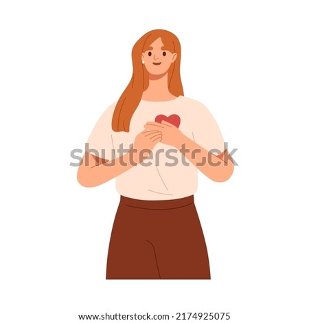 Happy woman with love, compassion, generosity in heart. Self-care and acceptance, hope for good concept. Young girl feeling affection, gratitude. Flat vector illustration isolated on white background