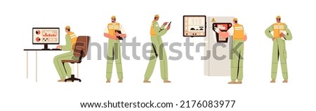 Smart industry workers set. Factory supervisors with equipment, machines, computers, tablets for supervision and manufacturing control. Flat graphic vector illustration isolated on white background