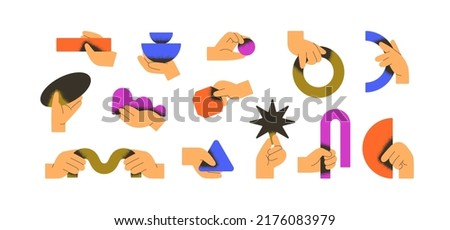 Hands holding abstract geometric shapes set. Arms with creative minimal figures, geometry elements, circles, triangles, curves, stars. Colored flat vector illustrations isolated on white background