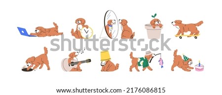 Cute dog set. Business, psychology concepts. Funny animal with hobby, work, life activities. Happy puppy and time management, fishing, playing. Flat vector illustrations isolated on white background