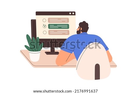 Person choosing answer in online test on computer screen. Man student checking knowledge via internet, passing digital exam, quiz. Flat graphic vector illustration isolated on white background