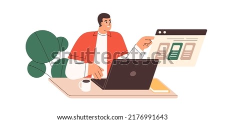 Person passing online test, exam, choosing answer to question. Man student at laptop, making choice in internet. Digital survey, poll. Flat graphic vector illustration isolated on white background