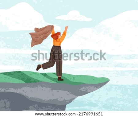 Happy free woman rejoicing on top, edge of mountain cliff. Person gesturing arms up, feeling independent, looking at sea view landscape. Freedom, unity with nature concept. Flat vector illustration