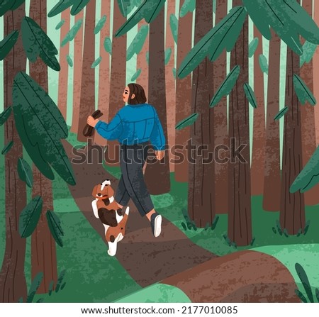 Person and dog walking in forest among trees. Puppy owner going away along footpath with doggy companion. Woman and animal in nature, woods. Girl strolling with pup friend. Flat vector illustration