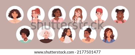 Curly girls characters avatars set. Young women face portraits in circles. Females with fashion hairstyles, curls, wavy frizzy hair. Flat graphic vector illustrations isolated on white background