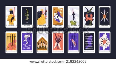 Suit of Swords in tarot cards deck. Modern esoteric minor arcanas designs pack with Nobles. Occult Taro Ace, King, Knight, Queen, Two through Ten symbols. Isolated colored flat vector illustrations