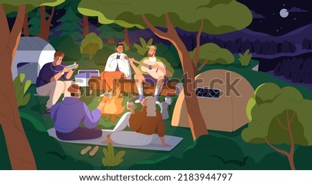 Happy friends sitting around bonfire at night camp, picnic. People with guitar at campsite in nature. Men and women at campfire near tents in campground on summer holiday. Flat vector illustration