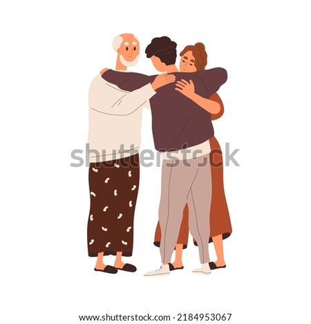 Family hugs, support. Parents and adult son meeting, hugging. Young man embracing mother, father with love. Reunion, reconciliation concept. Flat vector illustration isolated on white background