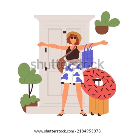 Happy woman leaving home for summer holiday travel. Excited young girl tourist standing near door with suitcases, luggage for sea vacation, trip. Flat vector illustration isolated on white background