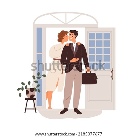 Man going to work. Wife kissing husband office worker, seeing off at home door. Businessman leaving house. Love family couple at doorway. Flat vector illustration isolated on white background