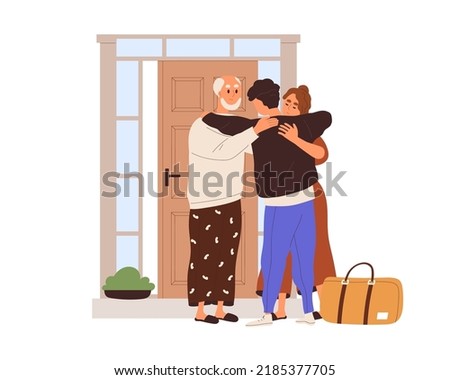 Man leaving native parents house. Mother, father seeing adult son off, hugging before separation, moving from home. Mom, dad and student at door. Flat vector illustration isolated on white background