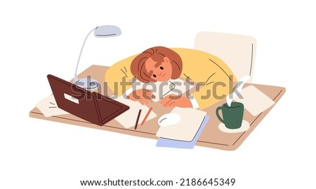 Tired employee at office work. Bored overworked person at computer desk, workplace. Burnout concept. Frustrated exhausted overloaded woman. Flat vector illustration isolated on white background