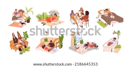 People resting, relaxing on weekends set. Home and outdoor leisure activities on holiday. Lifestyle scenes of relaxation time, pastime. Flat graphic vector illustrations isolated on white background