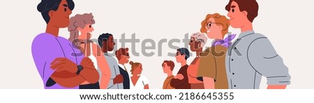 Two corporate teams, opposite competitors groups. Business confrontation, healthy competition, rivalry concept. Positive opponents communication. Flat vector illustration isolated on white background