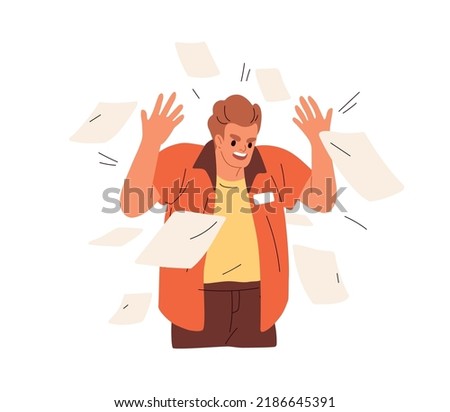 Angry disgruntled office worker in stress, anger. Furious annoyed employee throwing paper documents. Man in bad mood screaming, gesturing. Flat vector illustration isolated on white background