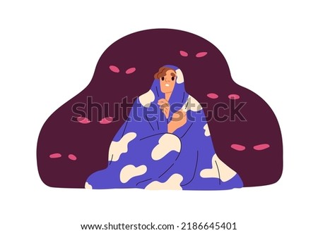 Fear of dark, nightmare concept. Person sitting under blanket, afraid of imagined creepy eyes looking from darkness at night. Psychology phobia. Flat vector illustration isolated on white background