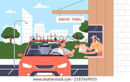 Driver at drive thru through service. Person ordering takeaway fast food from car. Worker at counter in fastfood cafe booth with window giving takeout meal to customer. Flat vector illustration