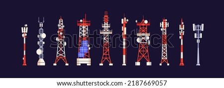 Radio masts, antenna towers set for telecommunication, broadcasting. TV, internet, satellite signaI transmission stations, radars, poles. Telecom structures. Isolated flat vector illustrations