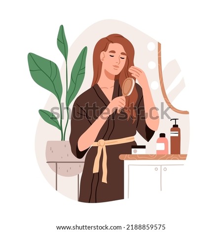 Woman brushing, styling clean long hair with comb. Young girl during grooming, caring of hairstyle at home bathroom. Morning beauty routine. Flat vector illustration isolated on white background