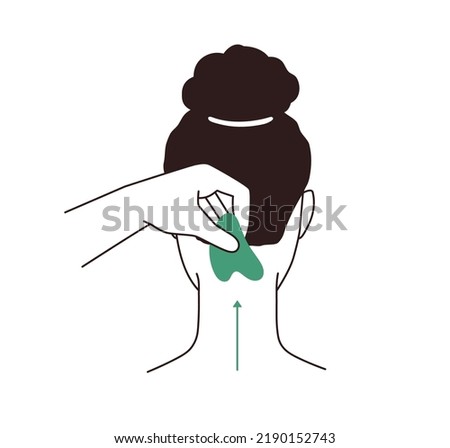 Scraping, massaging neck back with guasha tool. Woman moving jade quartz scraper, cervical lymphatic massager. Gua sha treatment, care. Flat graphic vector illustration isolated on white background Foto stock © 