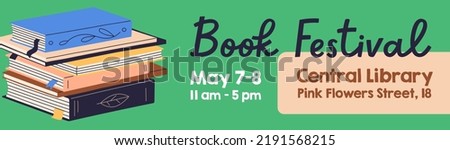 Book festival banner design. Ad background template for literary event, market, fair in library. Abstract literature advertisement, promotion. Reading fest, bookstore promo. Flat vector illustration