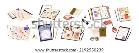 Paper notebooks, notepads, diaries set. Planners, organizers, to-do lists, calendars and scrapbooks for plans, memo notes, timetables, schedule. Flat vector illustrations isolated on white